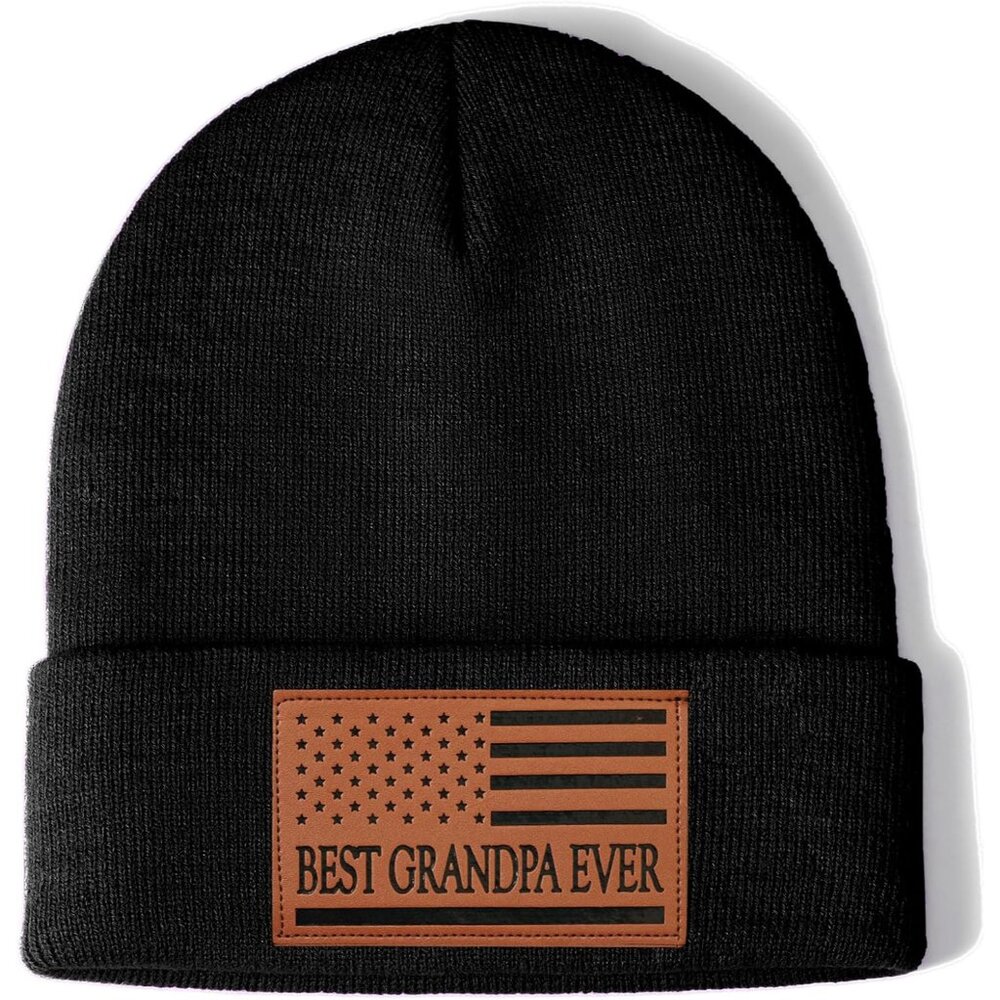 Best Grandpa Ever Gifts American Flag Leather Beanie Hat from Son Daughter Chris